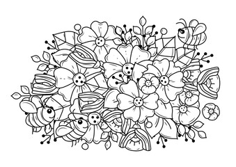 Black and white coloring page with flowers and bees. Hobby antistress for children and adults.