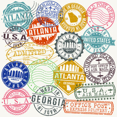 Atlanta Georgia Stamp Vector Art Postal Passport Travel Design Set.