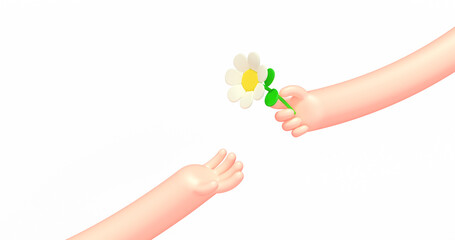 3d render cartoon business hand, chamomile flower
