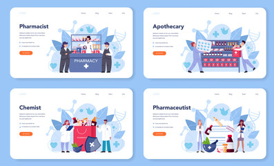 Pharmacist web banner or landing page set. Medication and health