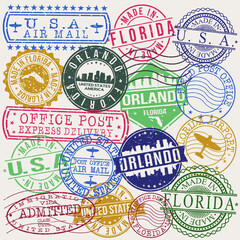 Orlando Florida Set of Stamps. Travel Stamp. Made In Product. Design Seals Old Style Insignia.