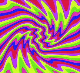 1960s Hippie Wallpaper Design. Trippy Retro Background for Psychedelic 60s-70s Parties with Bright Acid Rainbow Colors and Groovy Geometric Wavy Pattern in Pop Art style.