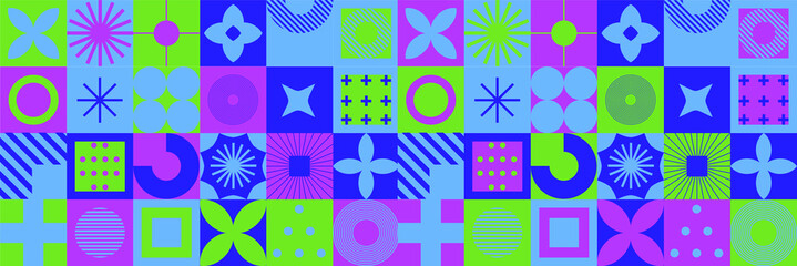 Mid-century modern geometric seamless pattern with bold simple shapes in Bauhaus and Neo-memphis retrofuturistic style. Trendy vivid fashion print.