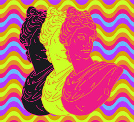 Pop art style collage with colorful gypsum heads. Illustration with psychedelic trippy vibe.