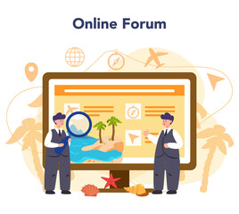 Travel agent online service or platform set. Office worker selling tour
