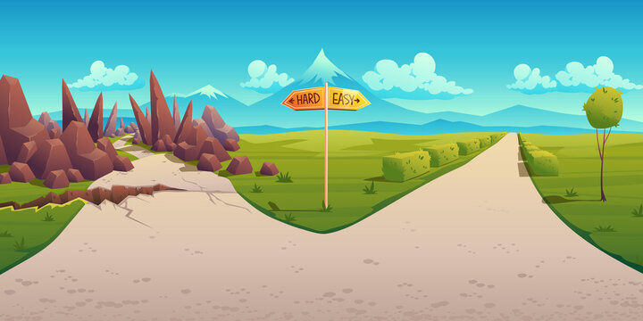 Concept of choice between hard and easy way. Vector cartoon landscape with road fork, direction sign, curvy path with rocks and straight simple road. Problem of choosing way