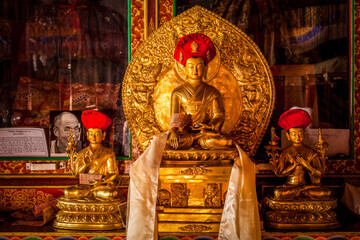 Buddha Sakyamuni statue in Lamayuru Gompa (Tibetan Buddhist monastery). Ladakh, India