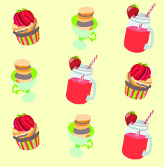 Desserts with strawberries on a  yellow backgraund.