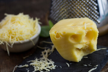 Grated cheese on a kitchen counter.