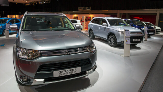 AMSTERDAM - APRIL 16, 2015: Mitsubishi Outlander PHEV cars showcased at the AutoRAI Motor Show.