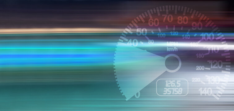 Blurred motion. Blurry lights of rushing cars in the night city. Speedometer. Abstract concept of fast driving