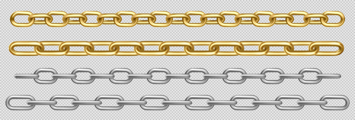 Metal chain of silver, chrome, steel or golden links. Border with connected stainless rings. Straight heavy grey, yellow decorative elements isolated on transparent background realistic 3d vector set