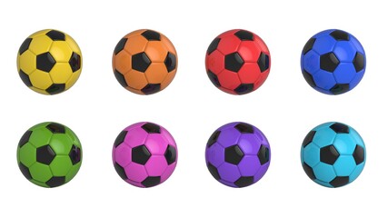 color soccer balls plastic leather metal fabric ball isolated on black background. Football 3d render illlustration.