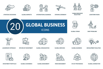 Global Business icon set. Collection contain global management, strategic decisions, leadership approach, global organization and over icons. Global Business elements set.