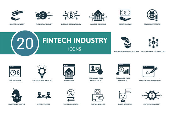 Fintech Industry icon set. Collection contain robo advisor, peer-to-peer, fintech innovation, digital wallet and over icons. Fintech Industry elements set.