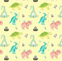 Seamless pattern. Cute dinosaurs on a yellow background. Ideal for children's textiles, printing and tableware decoration.