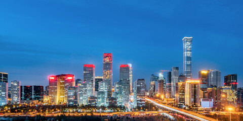 High view night scenery of CBD buildings in Beijing, China