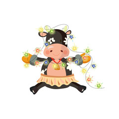 Chinese new year 2021 illustration with ox girl holding decorating garland for christmas tree. Vector illustration.
