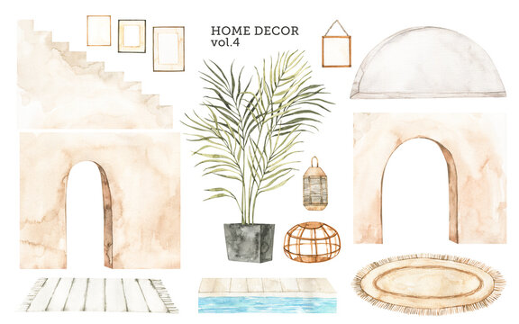 Watercolor design elements of modern interior items. Marrocco vibes. Home decor: stair, frame, arc, plant, rug, lamp. Perfect for your own projects, posters, prints, magazine, cards