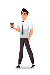 Businessman holding glass of coffee. Male office worker on coffee break. Smiling man drinking beverage, person isolated on white background. Vector character illustration.