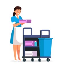 Maid with trolley, fresh towels, person isolated