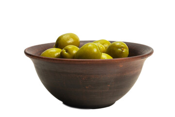 Olives in ceramic brown bowl isolated on white