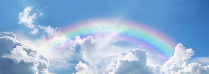 Foto auf Glas Atemberaubender Panorama-Regenbogen mit blauem Himmel - große, flauschige Wolken mit einem riesigen Bogenregenbogen gegen einen wunderschönen blauen Himmel der Sommerzeit mit Kopierraum für Nachrichten © Nikki Zalewski