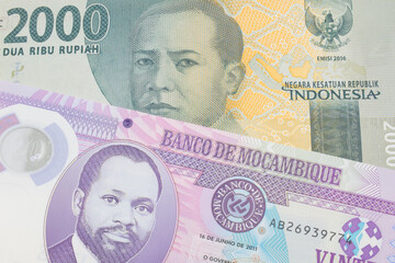 A macro image of a grey two thousand Indonesian rupiah bank note paired up with a purple, plastic twenty metical note from Mozambique.  Shot close up in macro.