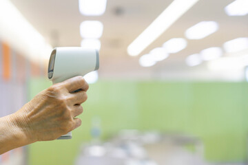 blurred inside of interior luxury modern bathroom in the morning background with white concrete tiled  tabletop for show, promote ads and design product on display concept