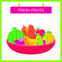 Fruit  on the bowl vector illustration. with flat design, such us Papaya, Apple, Avocado, etc
