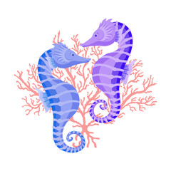 Fototapeta premium Seahorses vector cartoon illustration with coral. Isolated on white background.