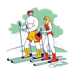 Couple of Young Naked Male and Female Characters Skiing. Man and Woman Wearing Swimsuit and Helmet Riding Ski, Challenge