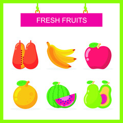 Fresh Fruit icon set vector. with flat design, such us tomato, eggplant, bean, corn etc
