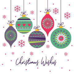 Fototapeta na wymiar Christmas greeting with Hanging decoration baubles design, vector illustration