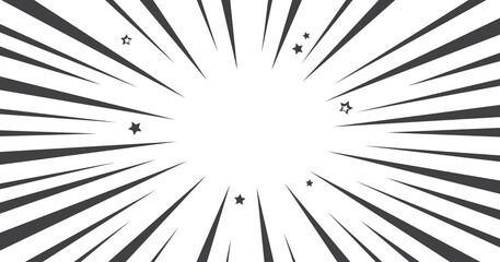 Black and white comic pop art abstract halftone background with sunbeams, stars, space for your text. Vector illustration