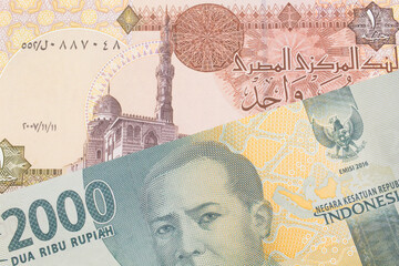 A macro image of a grey two thousand Indonesian rupiah bank note paired up with a one pound banknote from Egypt.  Shot close up in macro.