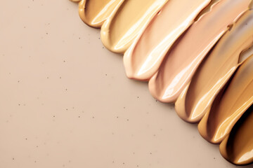 Collection of make up foundation drop smudge texture beige isolated background