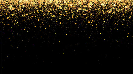 Festive vector background with gold glitter and confetti for christmas celebration. Black background with glowing golden particles.