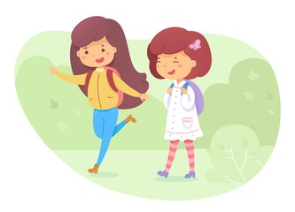 Obraz na płótnie Canvas Schoolgirls with backpacks go to school together