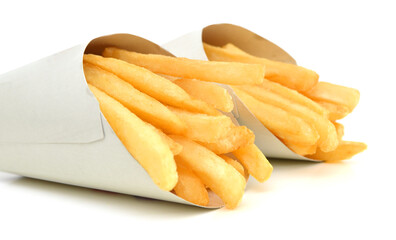 french fries in a paper wrapper on white background