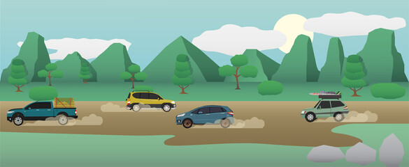 Transportation in rural areas with cars running on dirt roads. With a large mountain background and wide nature.