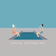 
women at the pool keep their distance, concept, barrier gestures, text in English - Social distancing