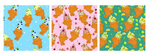 Fototapeta na wymiar Set of seamless patterns with ice cream taiyaki. Vector graphics.