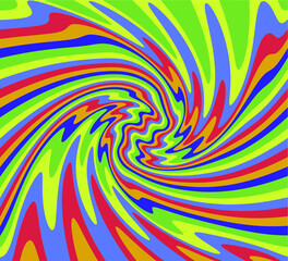 Fototapeta na wymiar Trippy Retro Background for 60s-70s Parties with Bright Acid Rainbow Colors and Groovy Geometric Wavy Pattern in Pop Art style. Conceptual illustration for LSD trip or other psychedelic experiences.