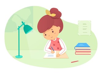Schoolgirl is doing homework. Cute smiling girl writes in notebook