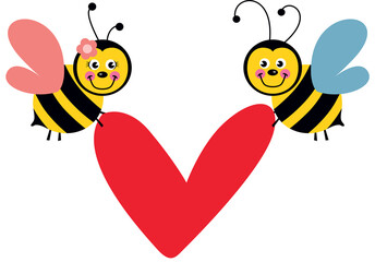 Couple of bees flying holding a red heart