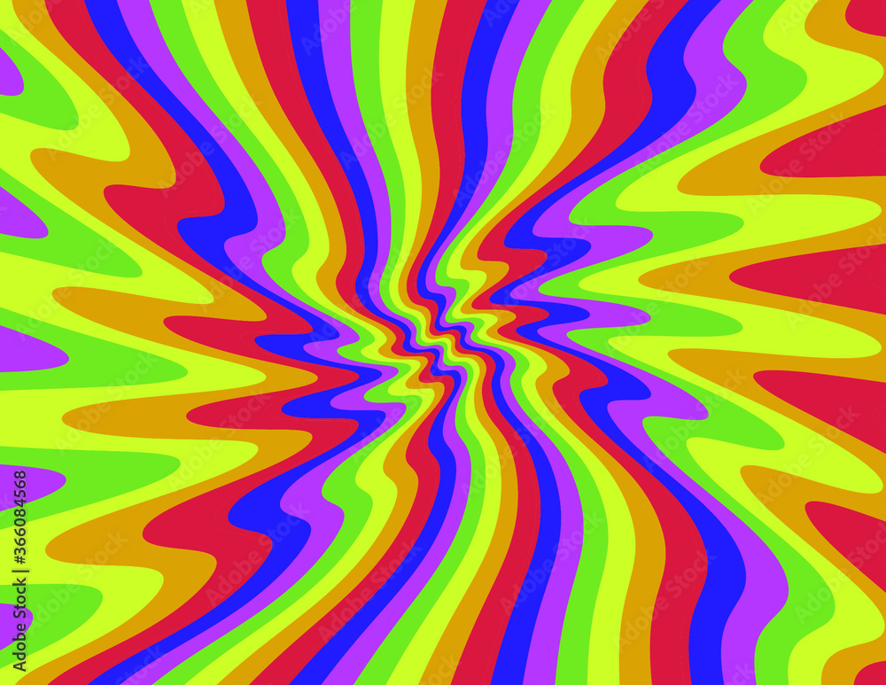 Poster trippy retro background for 60s-70s parties with bright acid rainbow colors and groovy geometric wav