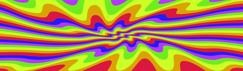 Trippy Retro Background for 60s-70s Parties with Bright Acid Rainbow Colors and Groovy Geometric Wavy Pattern in Pop Art style. Conceptual illustration for LSD trip or other psychedelic experiences.