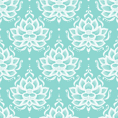 Ethnic Oriental Mehndi Lotus Flower Seamless Pattern. Ornamental Floral Pattern Vintage Cyan Background