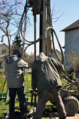 A homemade drilling rig for extracting water at shallow depths.